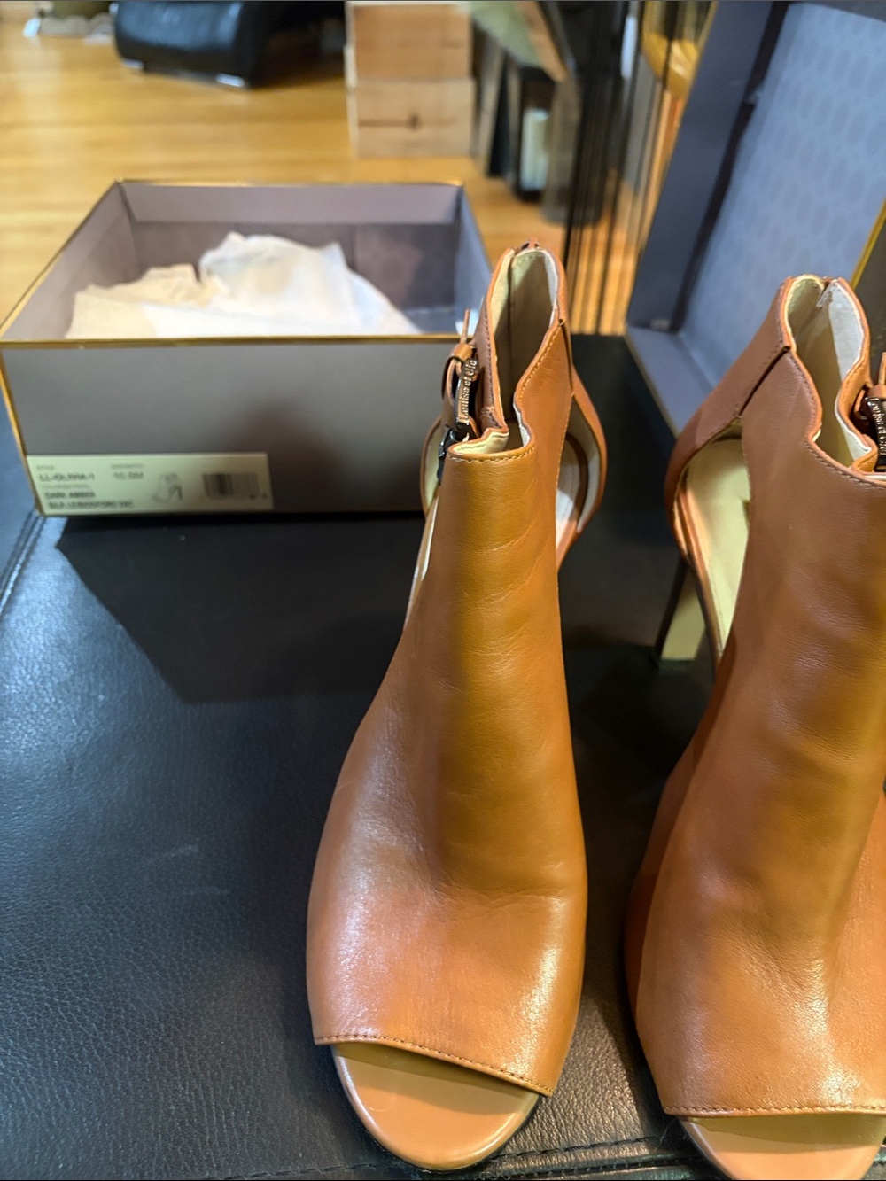 Louise et Cie Cognac Open-Toe Leather Ankle Booties